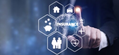 Online insurance on virtual screen. Life, car, property, health and family. Internet and digital technology concept.