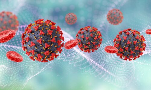 3D render of a medical background with Covid 19 virus cells and blood cells